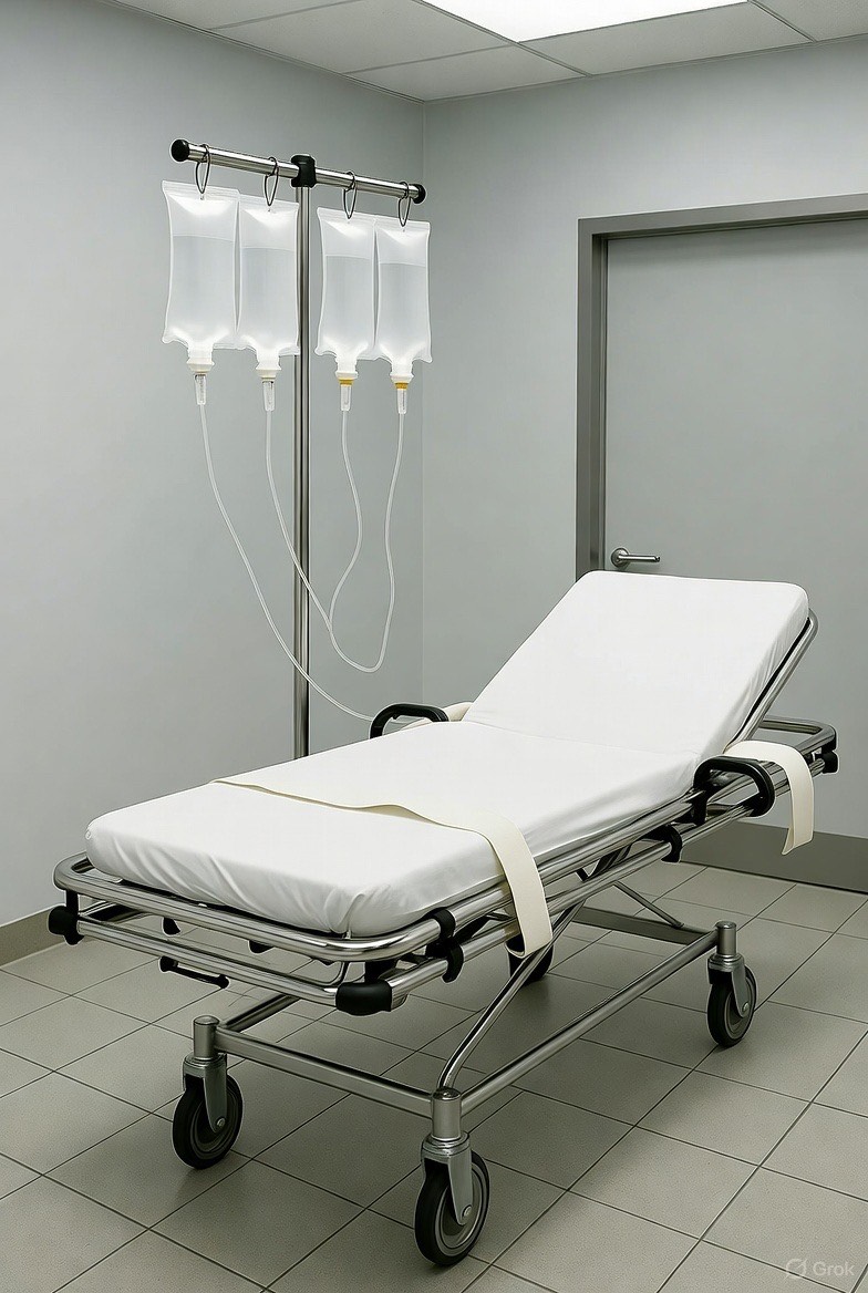 Pena de muerte camilla lista con dispositivos para inyección letal