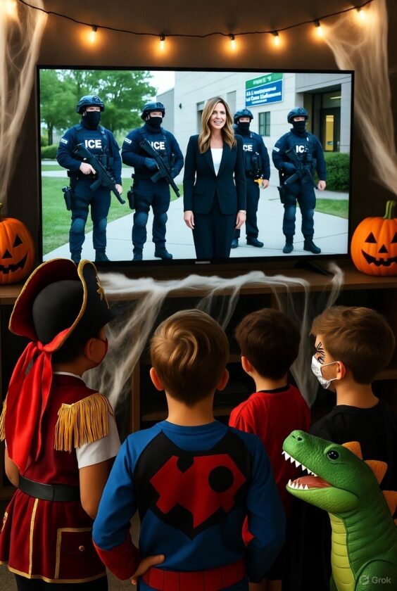 Ilustración de Kristi Noem aterrorizando a los niños durante Halloween