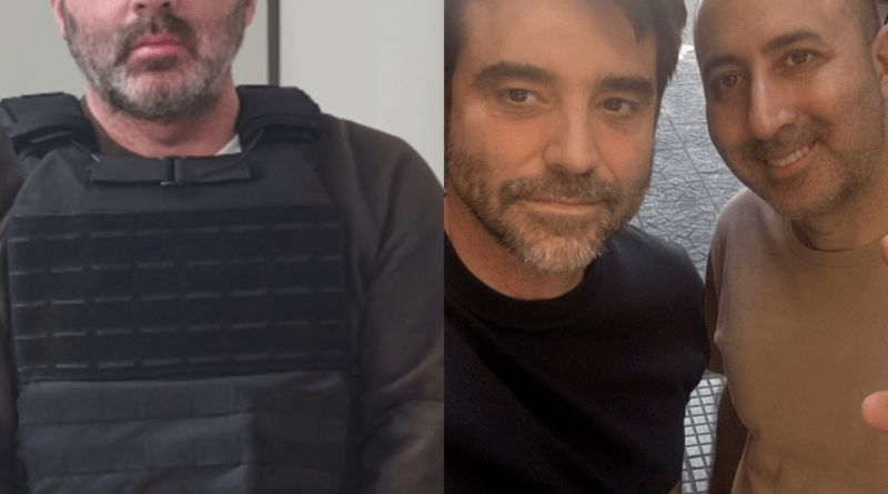 Fernando Cerimedo fundador de La Derecha Diario esposado, detenido a un lado imagen con Javier Negré su socio.